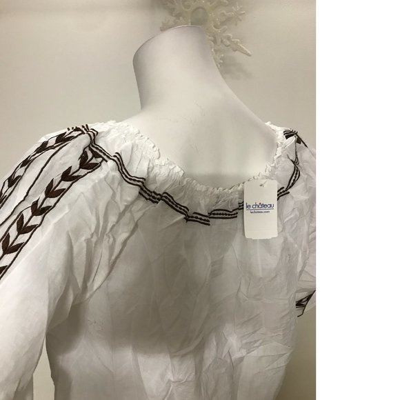 Le Chateau Woman White brown Embroidery Cotton Top Blouse Folk Cold Shoulder NWT - Picture 4 of 7